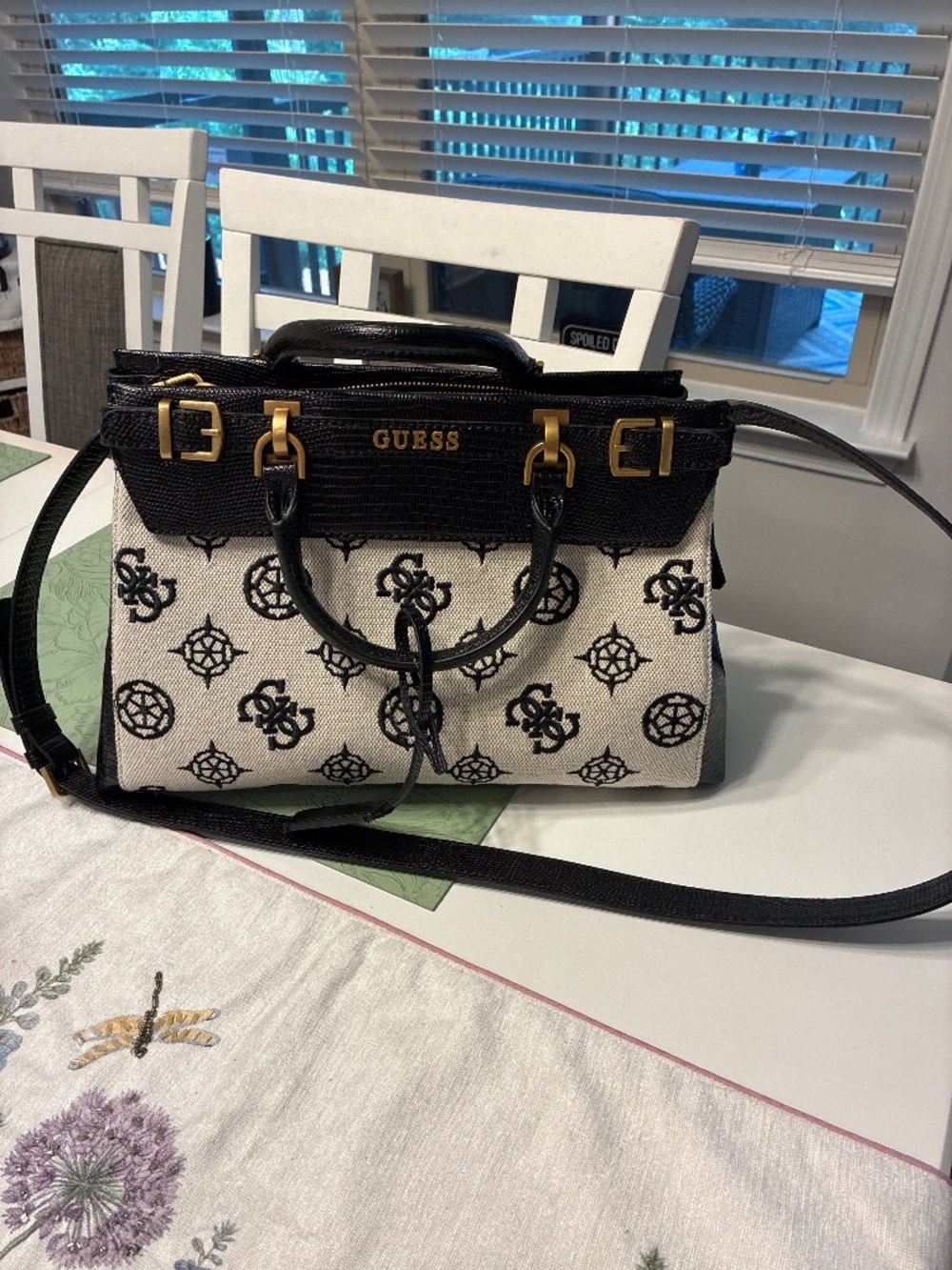 GUESS Black & Natural Logo Satchel Handbag